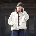 Womens Retro Colorblock Button-Loop Loose Short Cotton Padded Jacket
