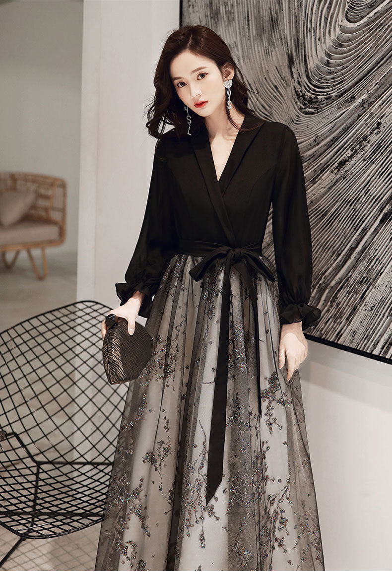 Black Evening Gown Long Host Performance Formal Dress