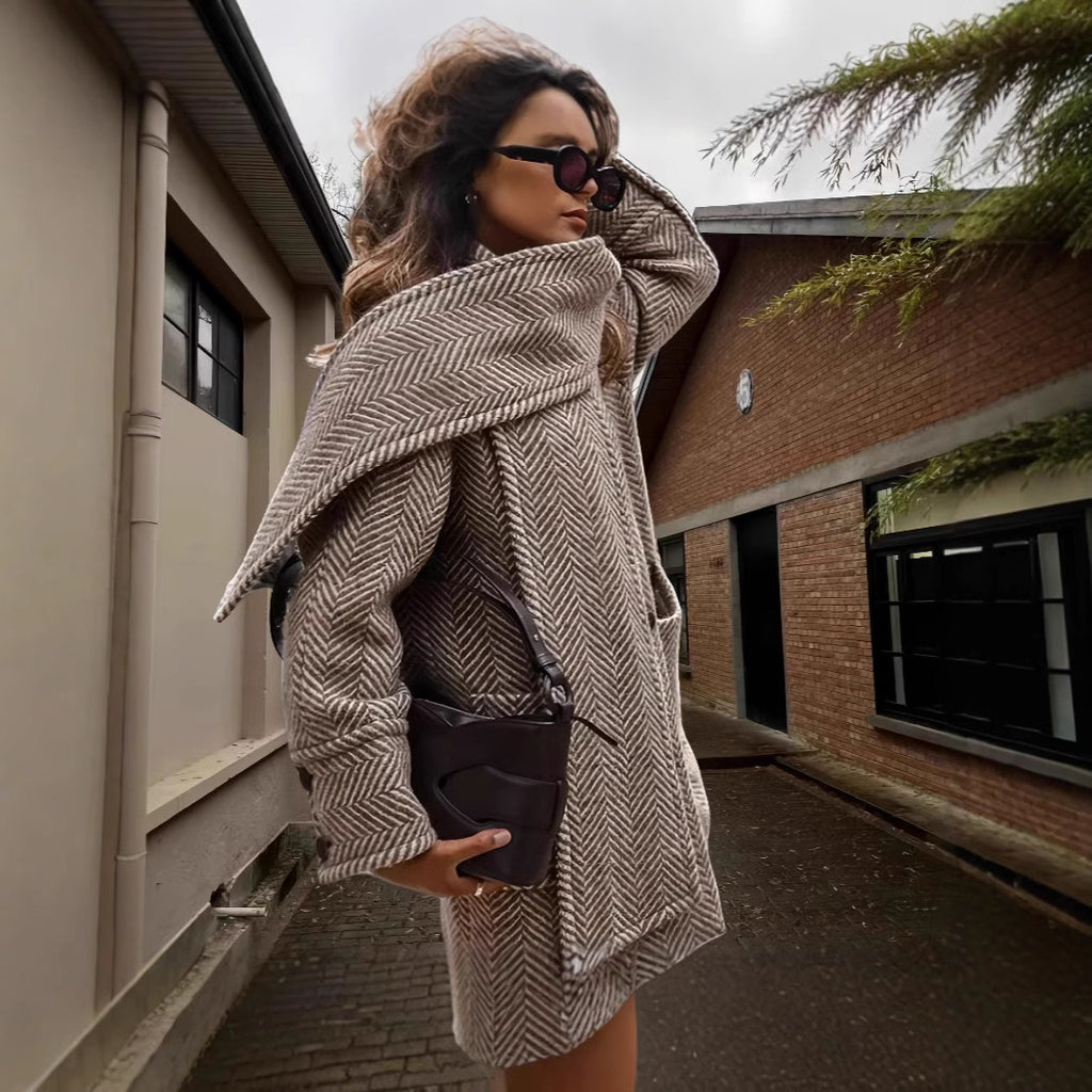 Women's Polyester Striped Woolen Trench Coat