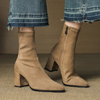 Stretch Suede High Heel Boots - Side Zipper Thick Heel Ankle Boots