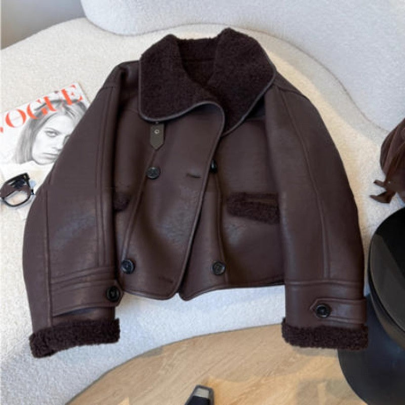 Womens Short Thickened Fur-and-Leather Jacket