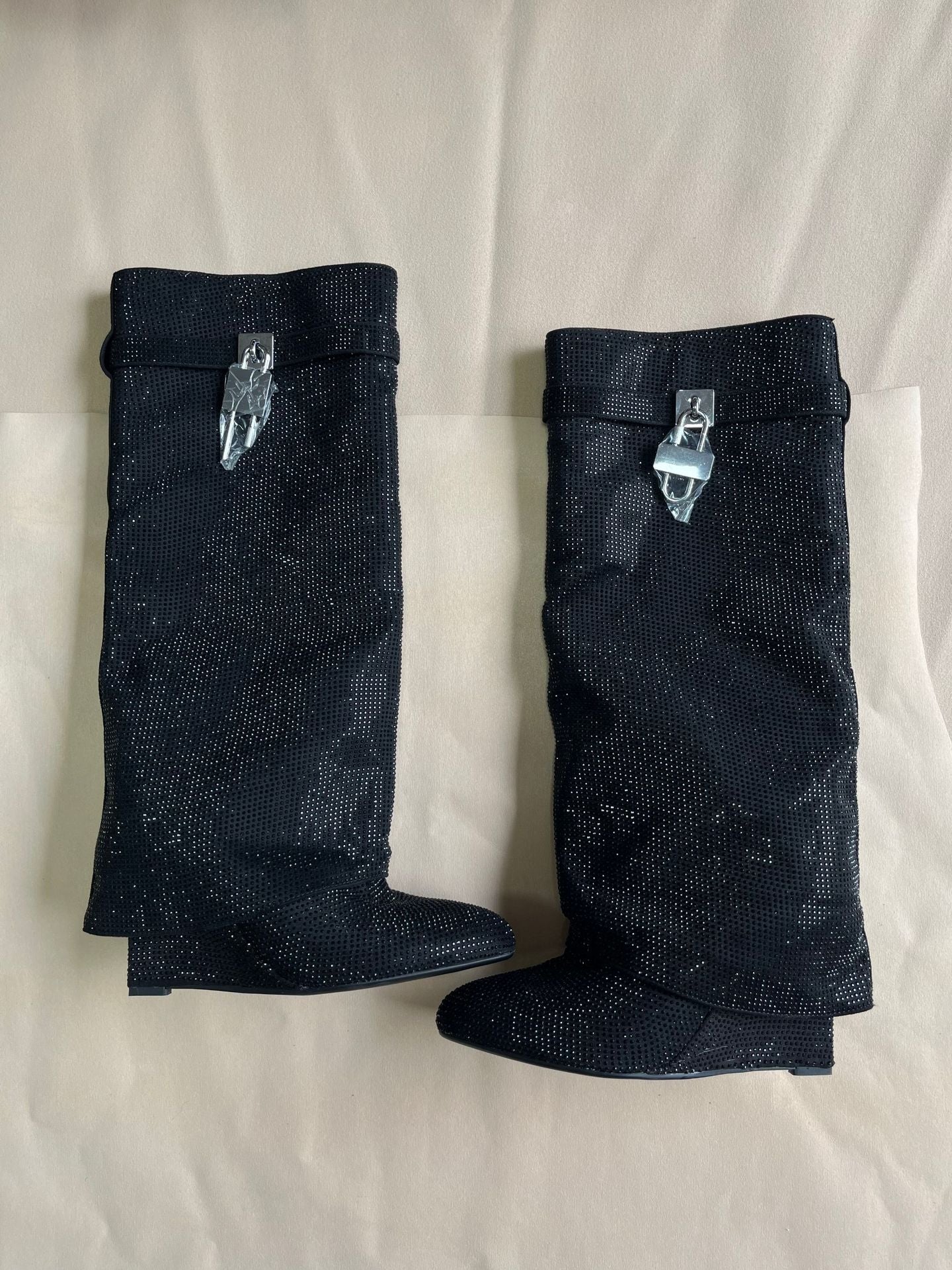 Round Toe Wedge Super High Heel Plus Rhinestone Lock Shark Buckle Knee-high Boots