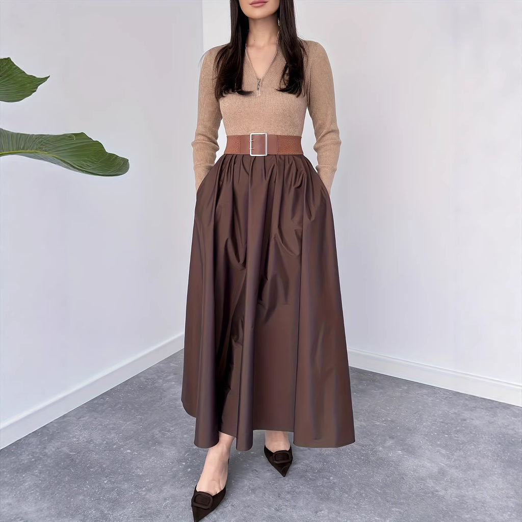 Womens Solid-Color V-Neck French-Style Elegant Long-Sleeve Dress