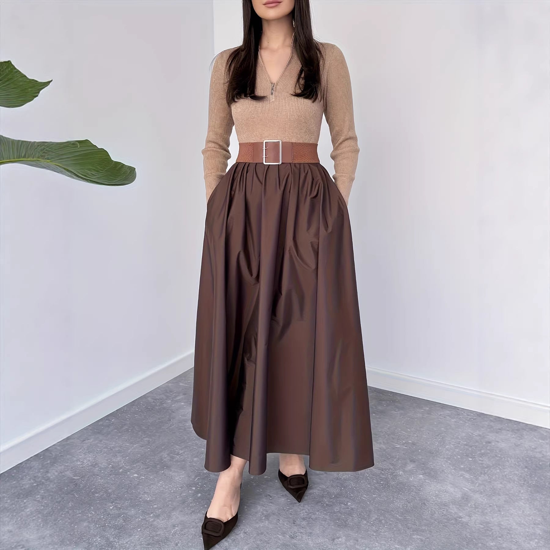 Womens Solid-Color V-Neck French-Style Elegant Long-Sleeve Dress