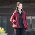 Womens Retro Colorblock Button-Loop Loose Short Cotton Padded Jacket