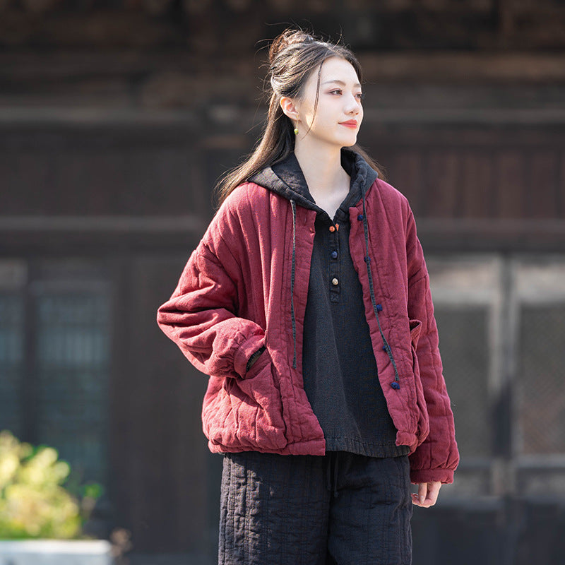 Womens Retro Colorblock Button-Loop Loose Short Cotton Padded Jacket