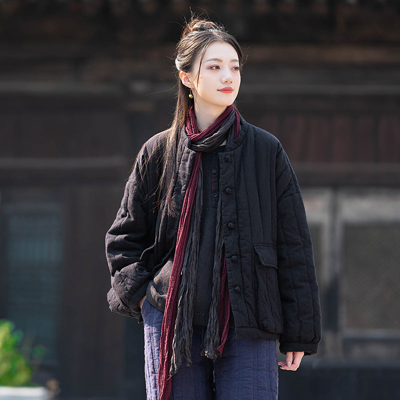 Womens Retro Colorblock Button-Loop Loose Short Cotton Padded Jacket