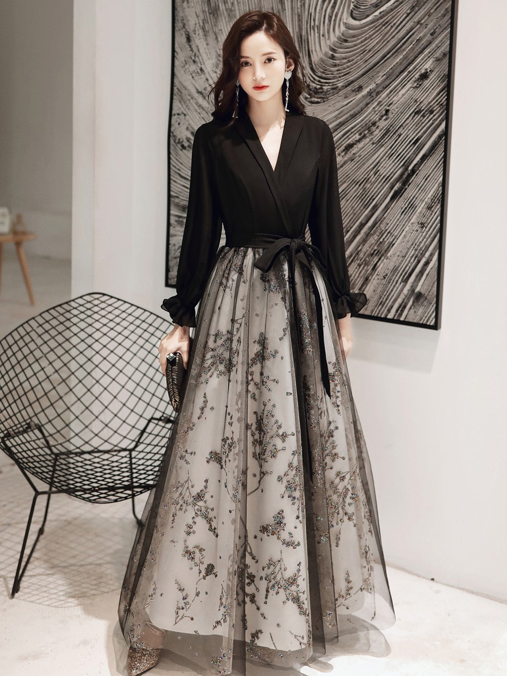 Black Evening Gown Long Host Performance Formal Dress