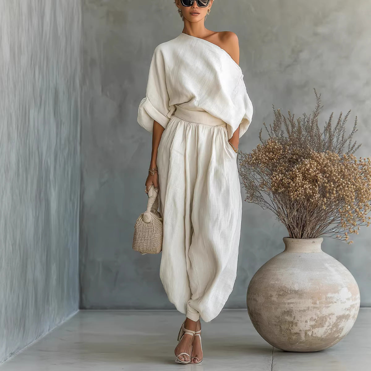 Loose Wide-leg Casual Top With Lantern Pants In Cotton And Linen