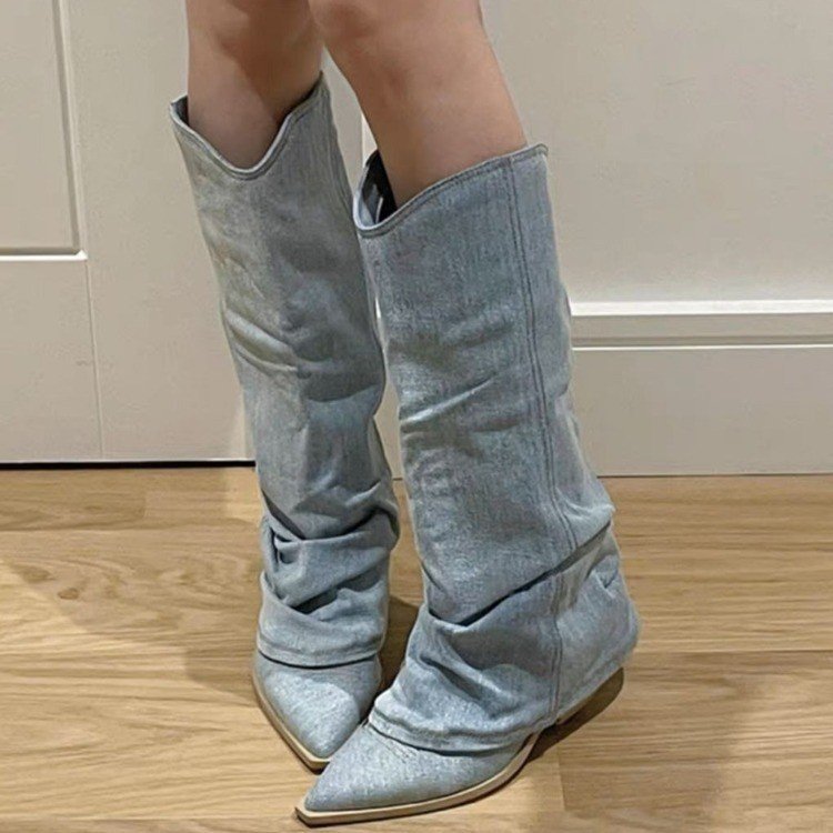 Retro Denim Blue Knight Boots - Tall Pointed-Toe Chunky Heel