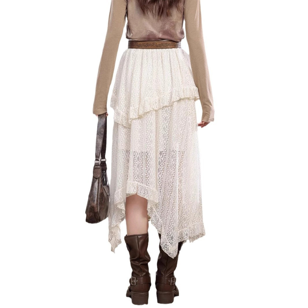 Womens Retro Hollowed Solid-Color Asymmetrical Skirt