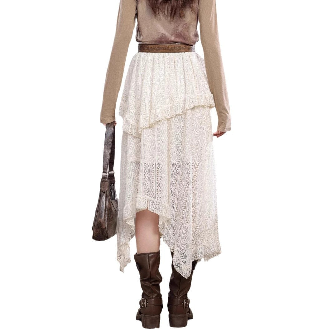 Womens Retro Hollowed Solid-Color Asymmetrical Skirt