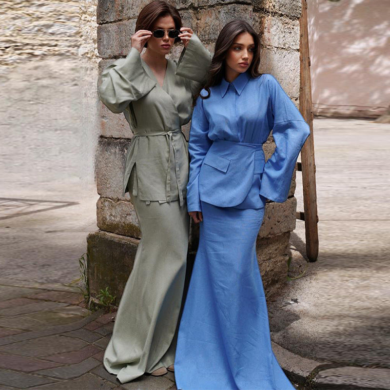 Elegant And Fashionable Three-piece Set Featuring A Collared Long Skirt