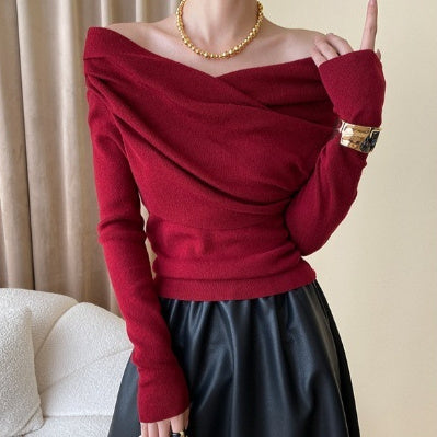 Womens Irregular French-Style Off-the-Shoulder Knit Top