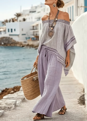 Bohemian Style Off-the-shoulder Batwing Sleeve Top  Wide-leg Pants Vacation Two-piece Set