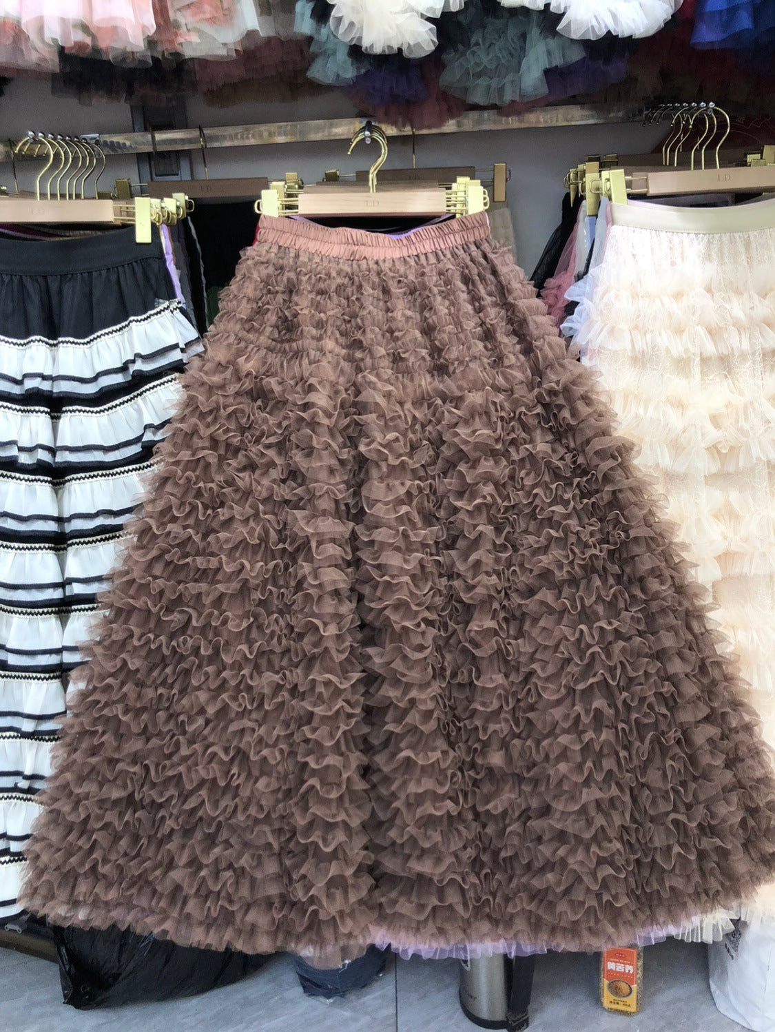 New Colorful Sweet Age-reducing Pleated Solid-color Mesh Midi Puff Skirt