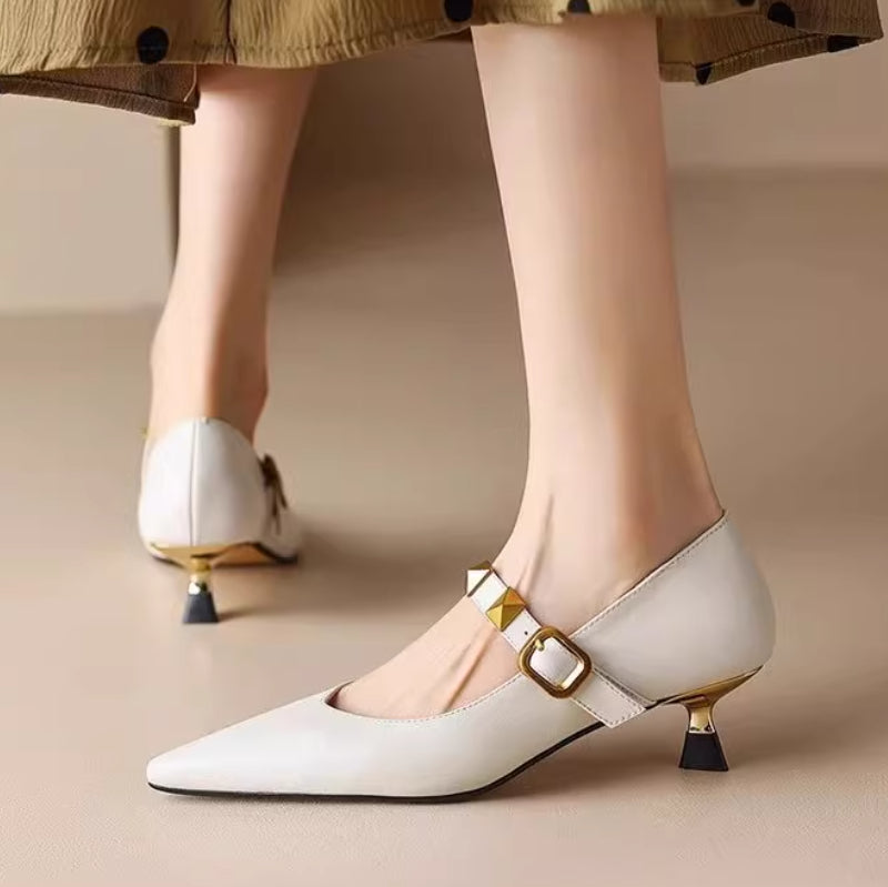 Pointed-Toe Studded Flats - Edgy Rivet Detail Low Heel Shoes