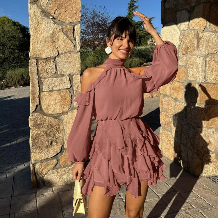 Elegant Chiffon Halterneck Off-shoulder Long-sleeve High-waisted A-line Dress