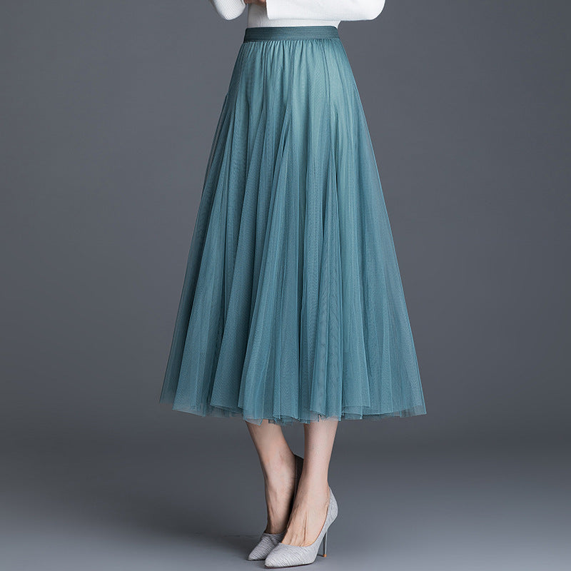 Womens Mid-Waist Pleated Flowy Mesh Lace Skirt