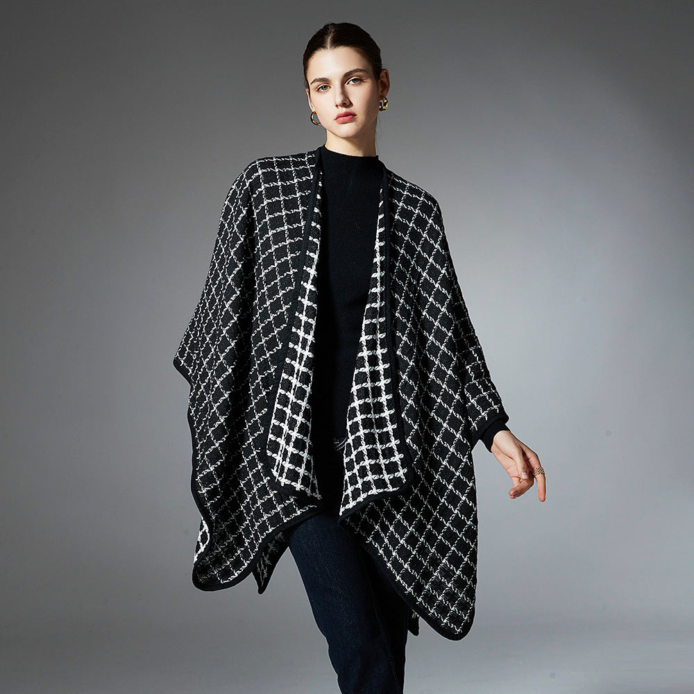 Black And White Buckle Loop Plaid Cross Shawl
