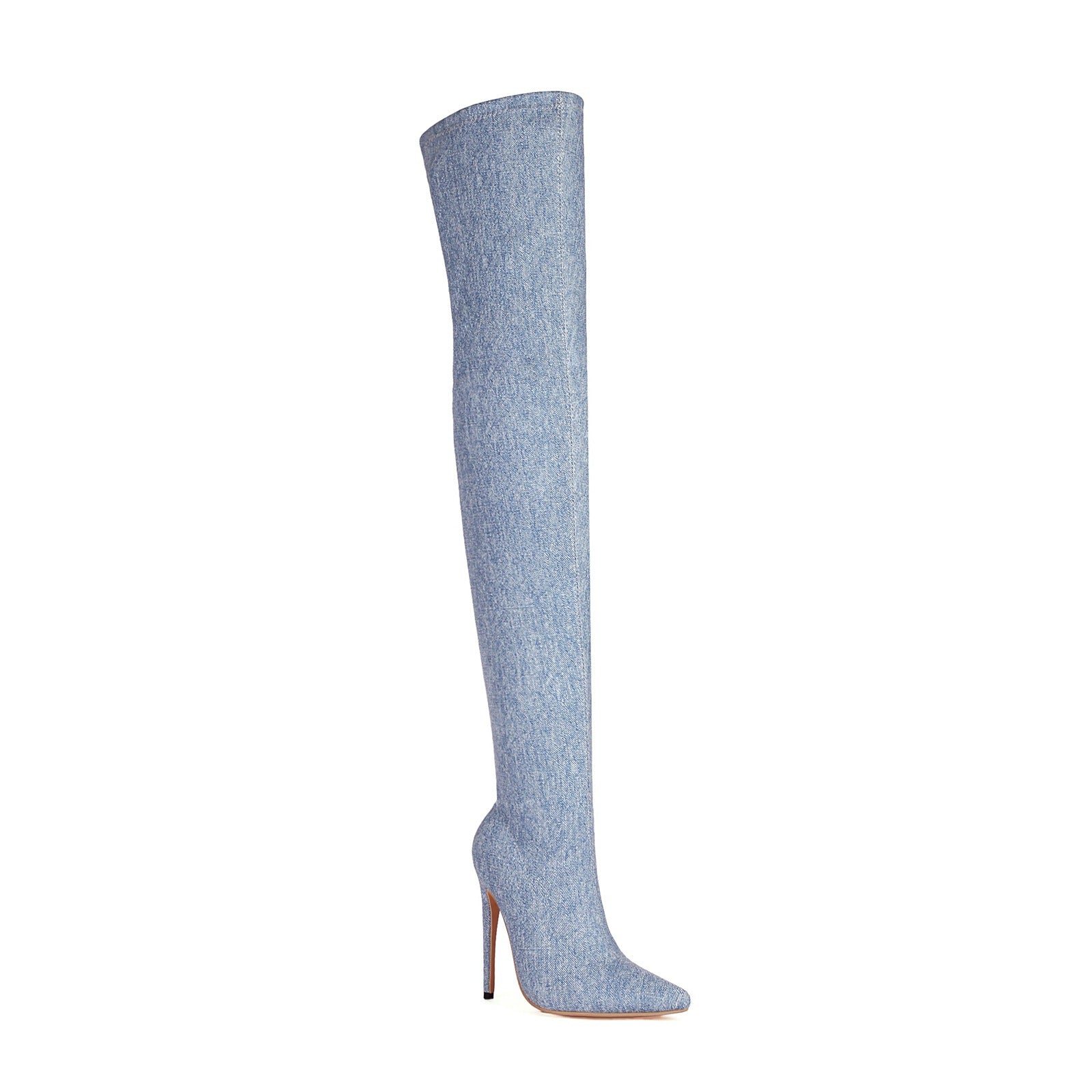 Denim Stretch Over-the-Knee Boots - Pointed Toe High Heel