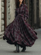 Retro Womens Plaid Long-Sleeve Lapel Dress