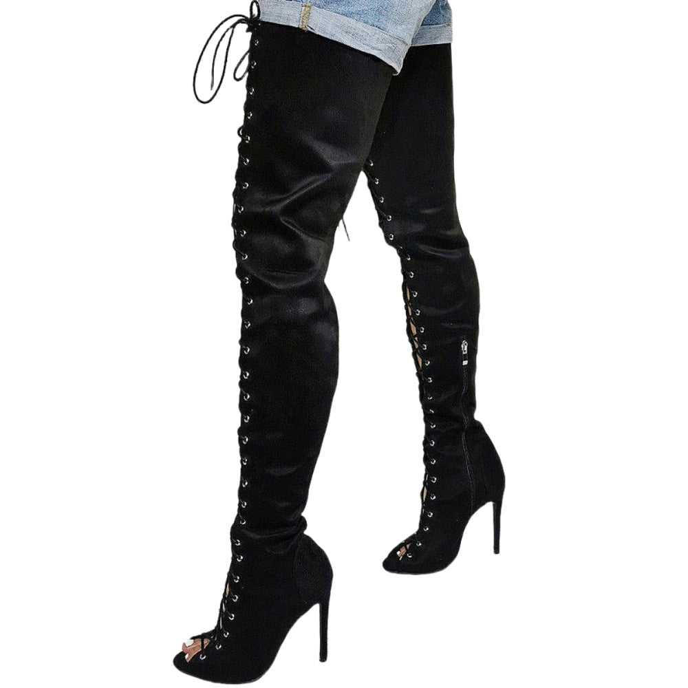 Sexy Peep-Toe Lace-Up Stiletto Boots - European Style Plus Size