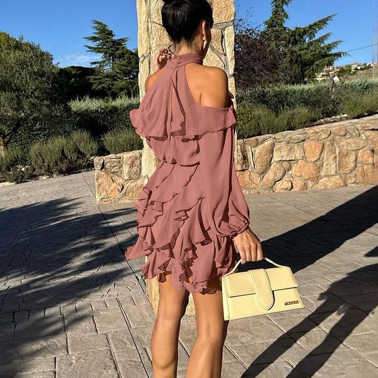 Elegant Chiffon Halterneck Off-shoulder Long-sleeve High-waisted A-line Dress