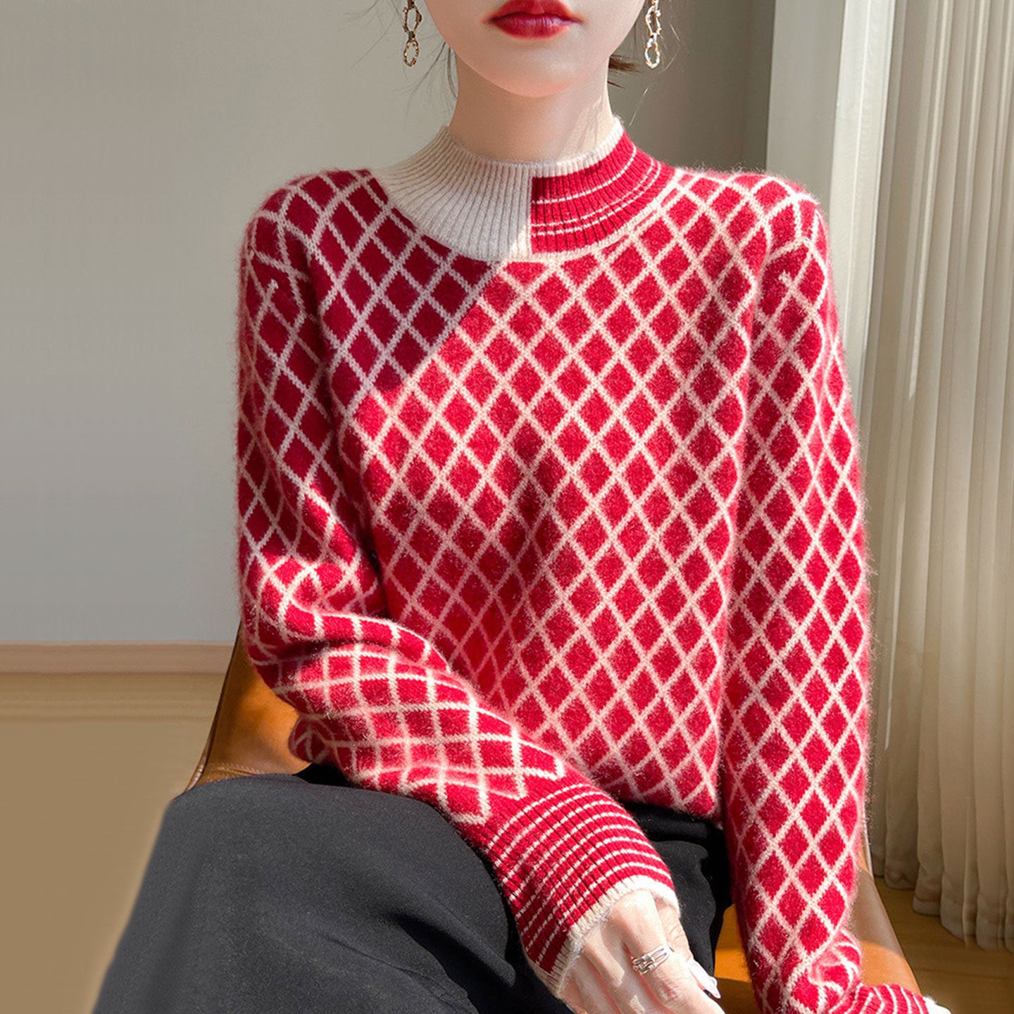 Womens Stylish Half-turtleneck Versatile Knit Sweater