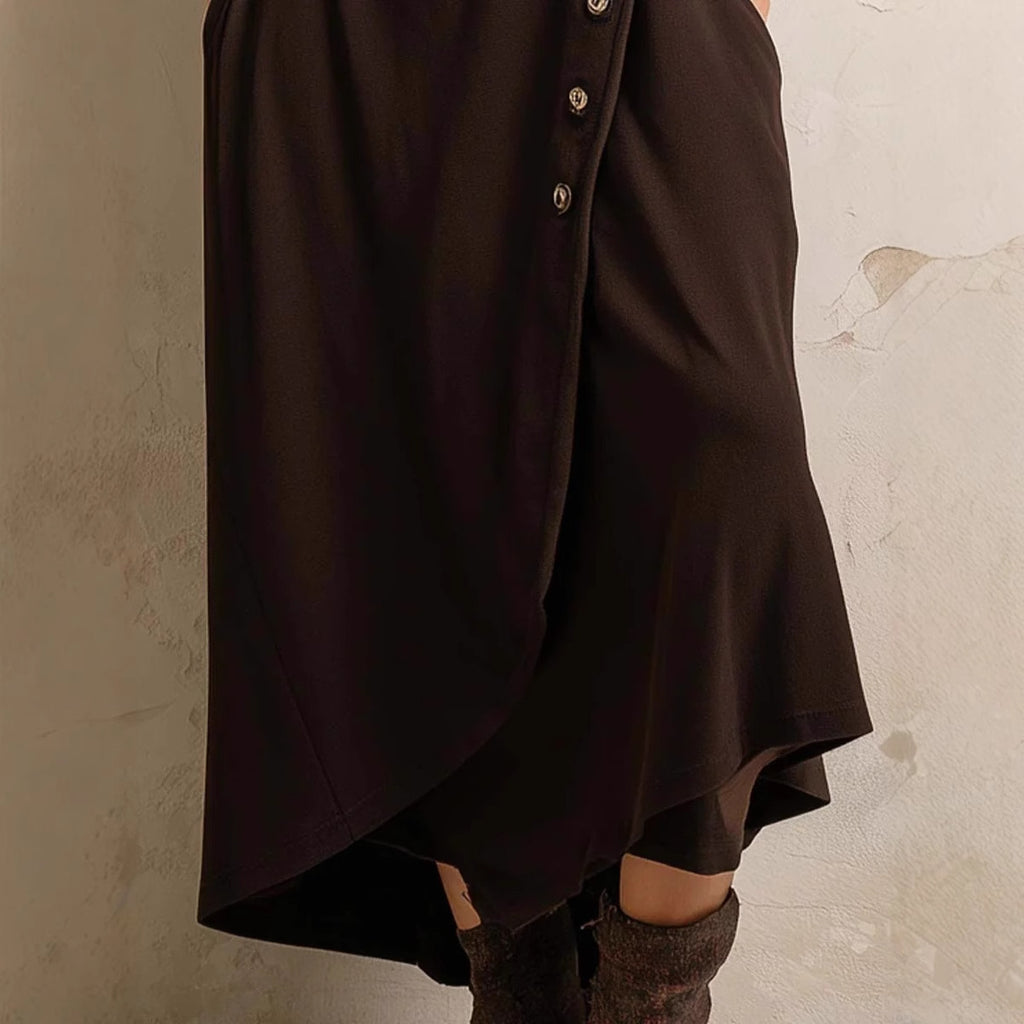 High-neck Pocketed Button-front Long-sleeve Elegant Dress