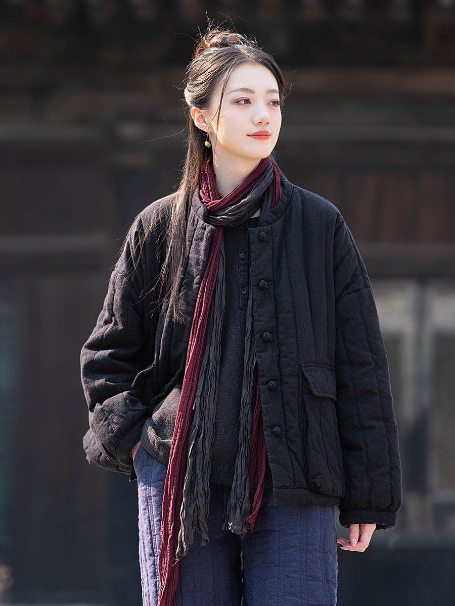 Womens Retro Colorblock Button-Loop Loose Short Cotton Padded Jacket