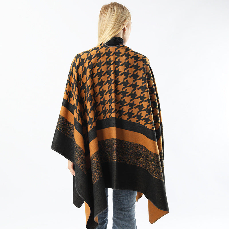 Women's Split Houndstooth Cape And Shawl Fashionable Simple Retro Cloak All-matching