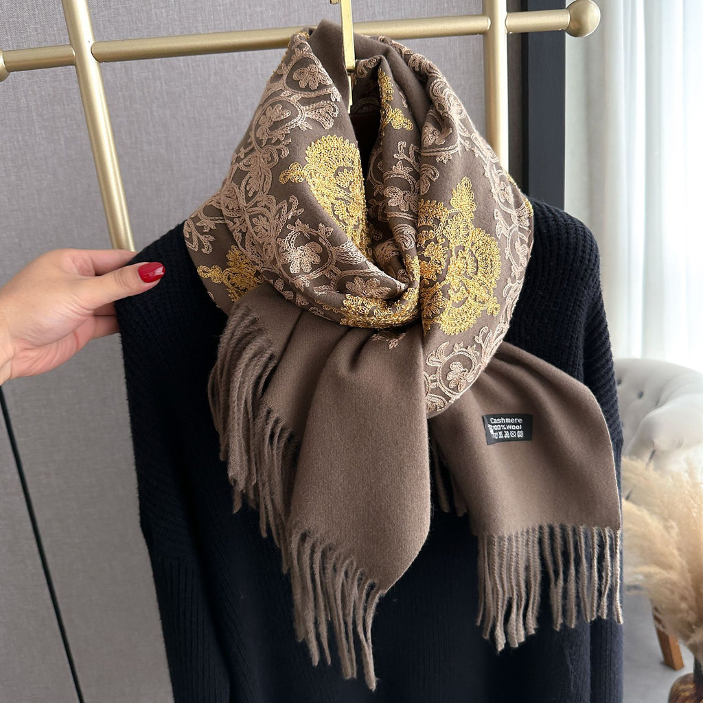 Ethnic Style Plant Totem Cashmere-like Embroidered Warm Scarf