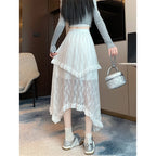 High-waisted Figure-flattering Irregular-design Lace Tiered Skirt