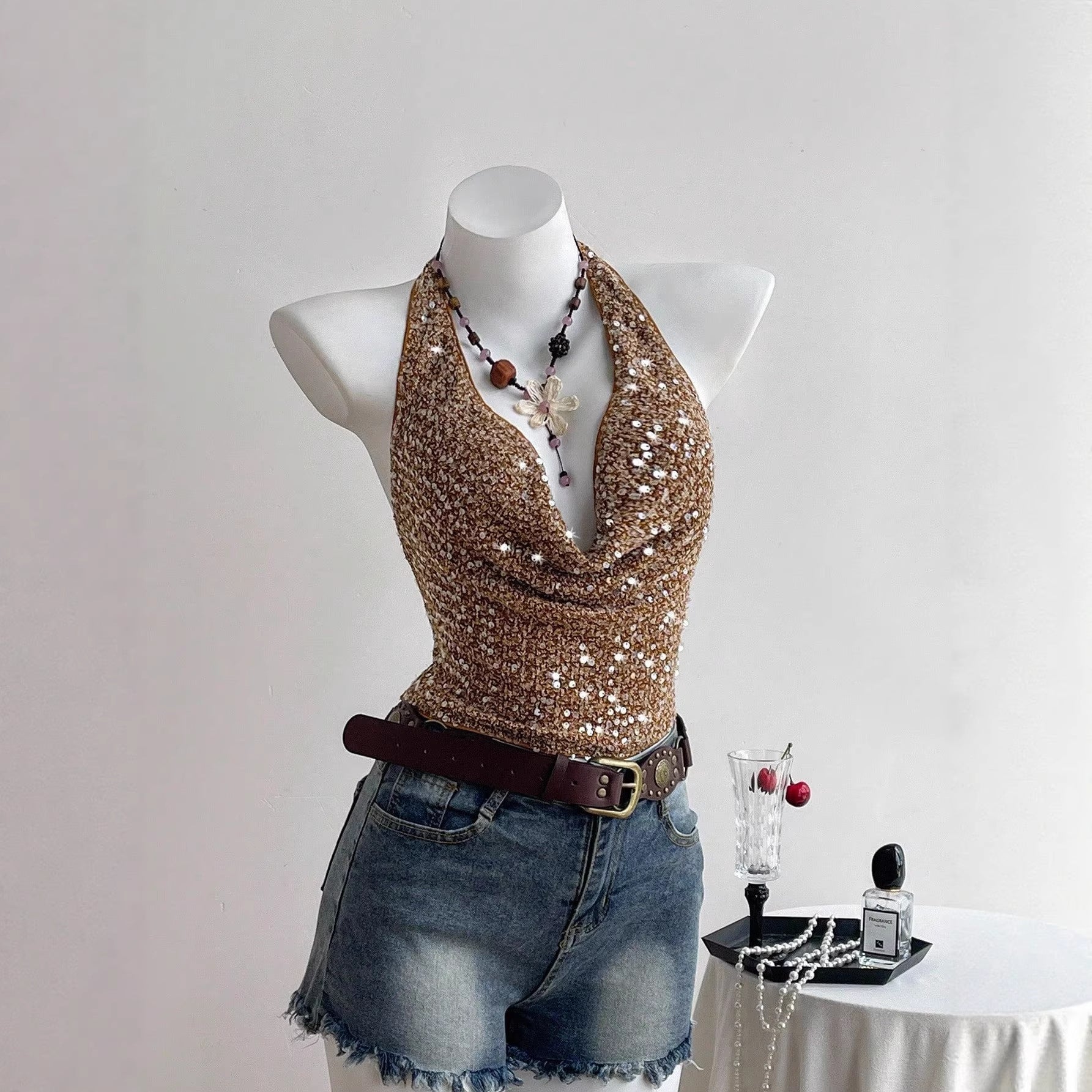 Fashionable Sassy Halter-style Camisole With A Sheer Ruffled Design