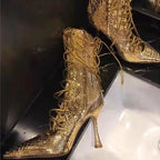 Pointed-toe Hollowed Strap Zip High Heel Boots