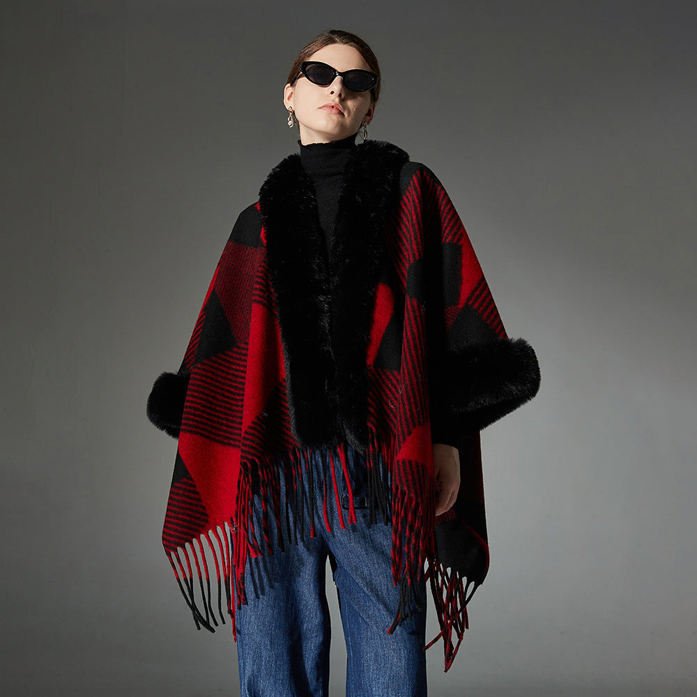 Jacquard Christmas Red Fur Collar Geometric Tassel Shawl