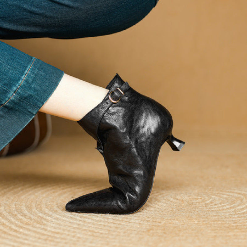 French Vintage Pointed-Toe Stiletto Ankle Boots - Premium Pigskin Leather