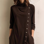 High-neck Pocketed Button-front Long-sleeve Elegant Dress