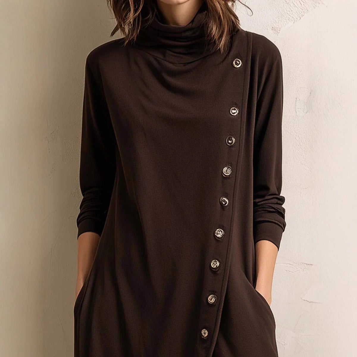 High-neck Pocketed Button-front Long-sleeve Elegant Dress