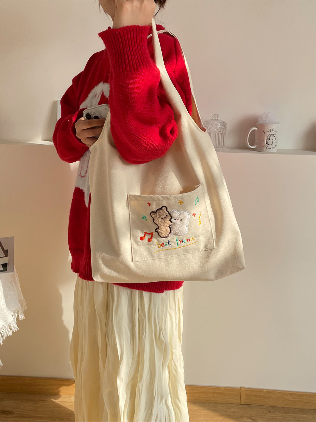 Embroidered Canvas Large Capacity Shopping Bag