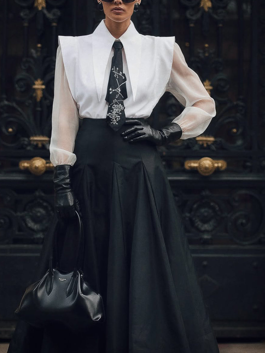 Black & White Oversized Shoulder Shirt & High-Waisted Maxi Skirt Set