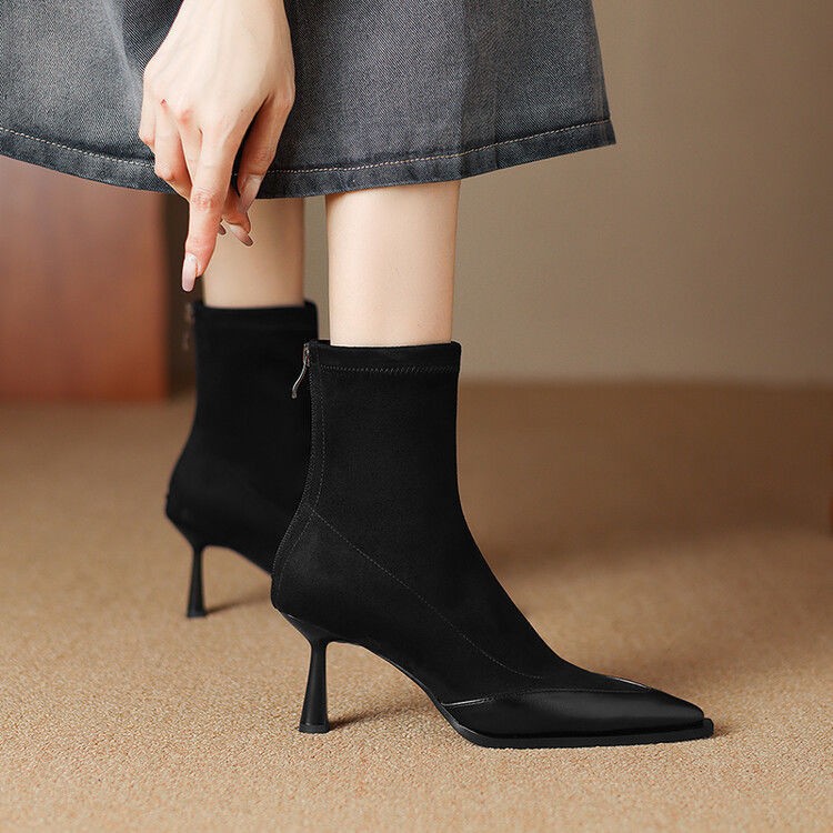 Elastic Pointed Mid-heel Ankle Boots For Women