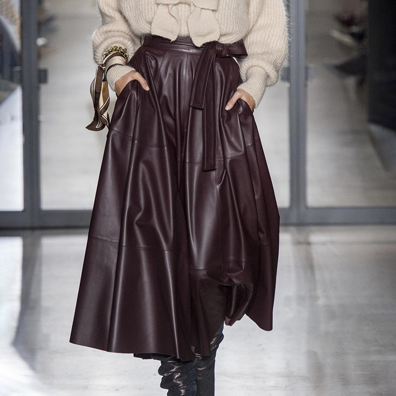 High waist long A-line PU leather skirt