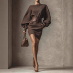 Brown Bodycon Mini Dress, Boat Neck Long Sleeve Casual Dress With Belt