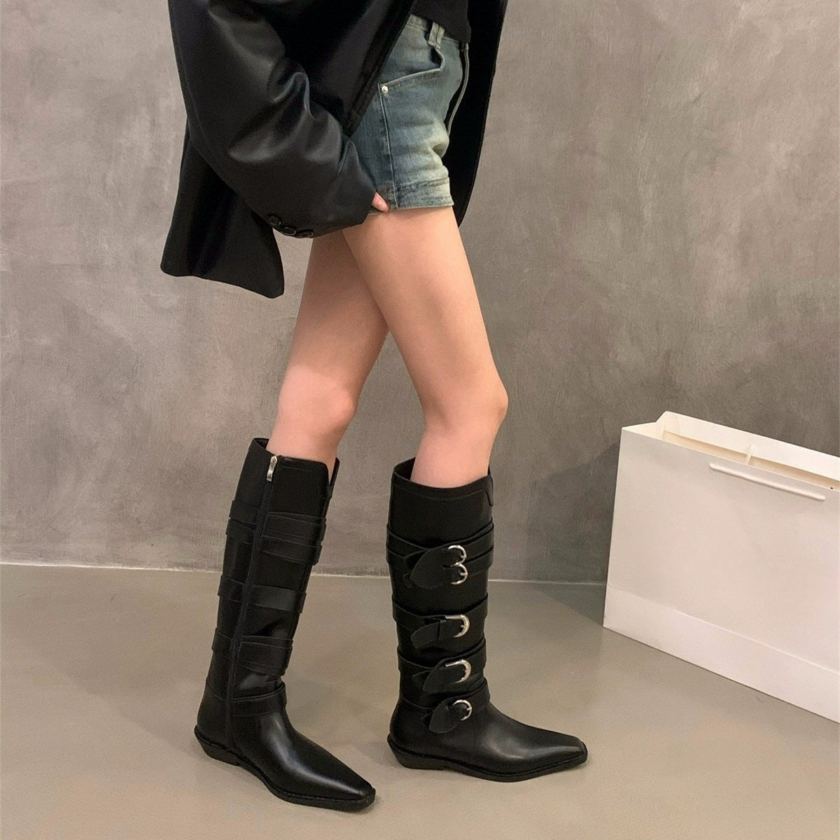 Maillard Brown Pointed-Toe Chunky Heel Boots - Belt Buckle Detail