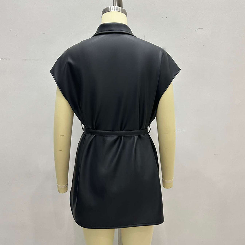 Women's Faux Leather Vest, Lapel Collar Sleeveless Casual Work Jacket With Belt