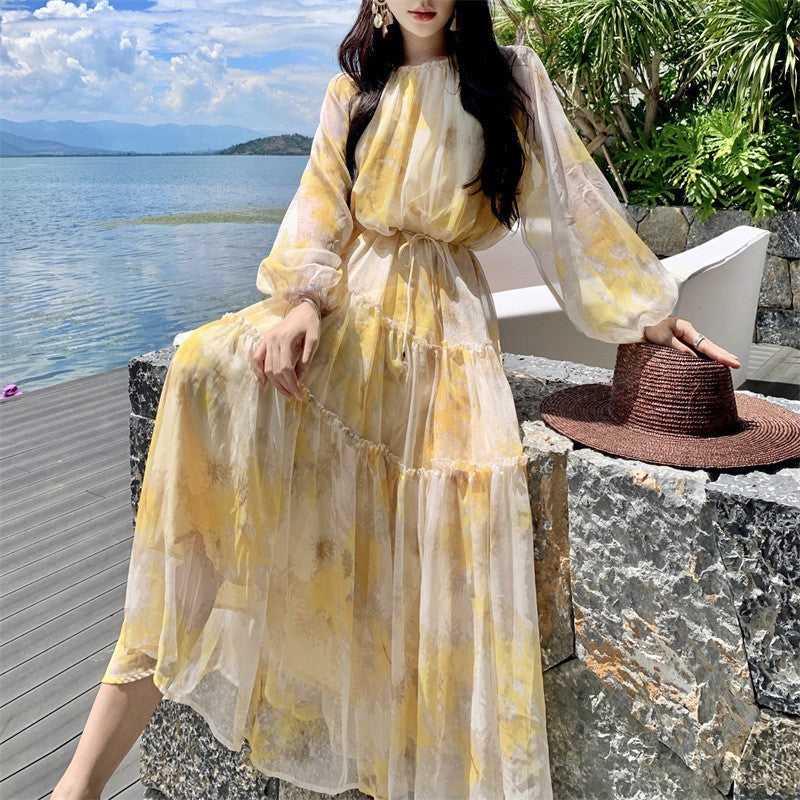 French Chiffon Floral Dress Women