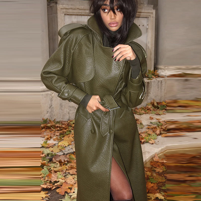 Autumn And Winter Women's Clothing New Leather Coat Elegant Long Leather Coat