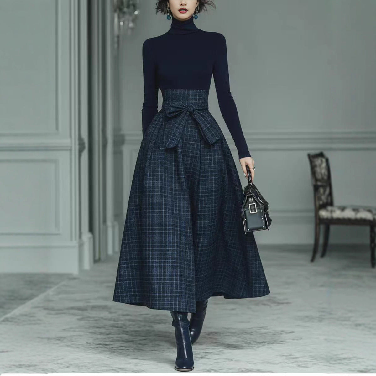 Solid-color Textured Long-sleeve Elegant Maxi Dress